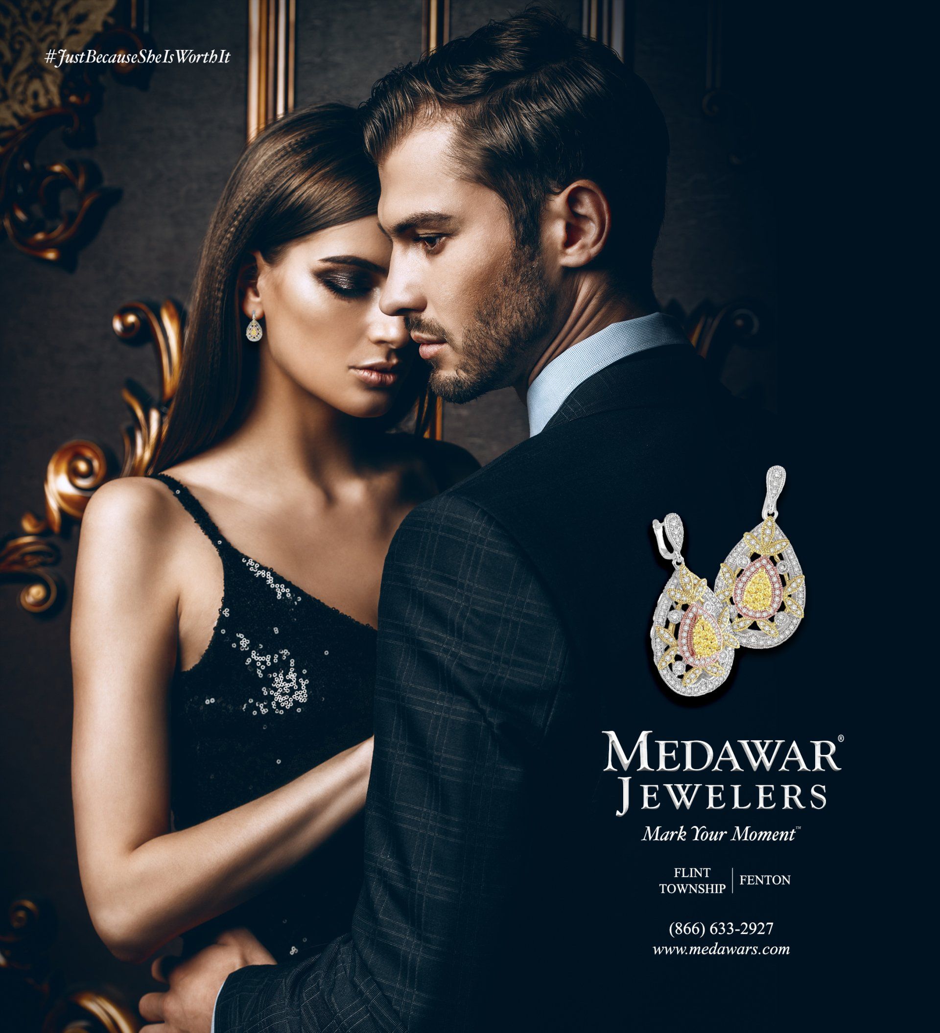 A man and a woman are hugging each other in an ad for medawar jewelers