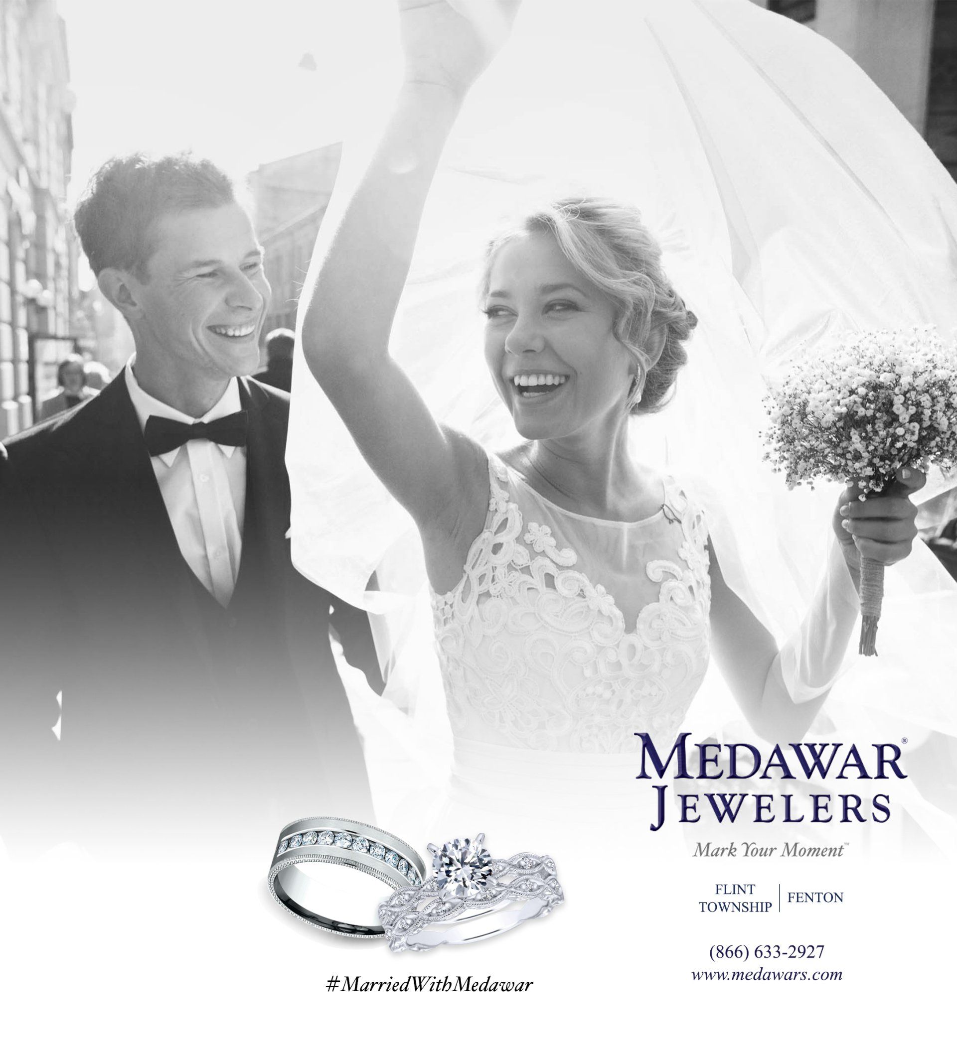 A black and white photo of a bride and groom for medawar jeweller 's