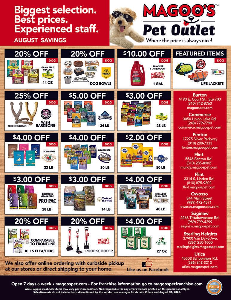 A flyer for maggo 's pet outlet with a dog on it.