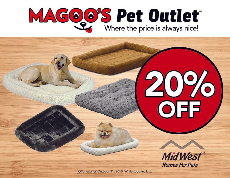 An advertisement for magoo 's pet outlet with a 20 % off sign