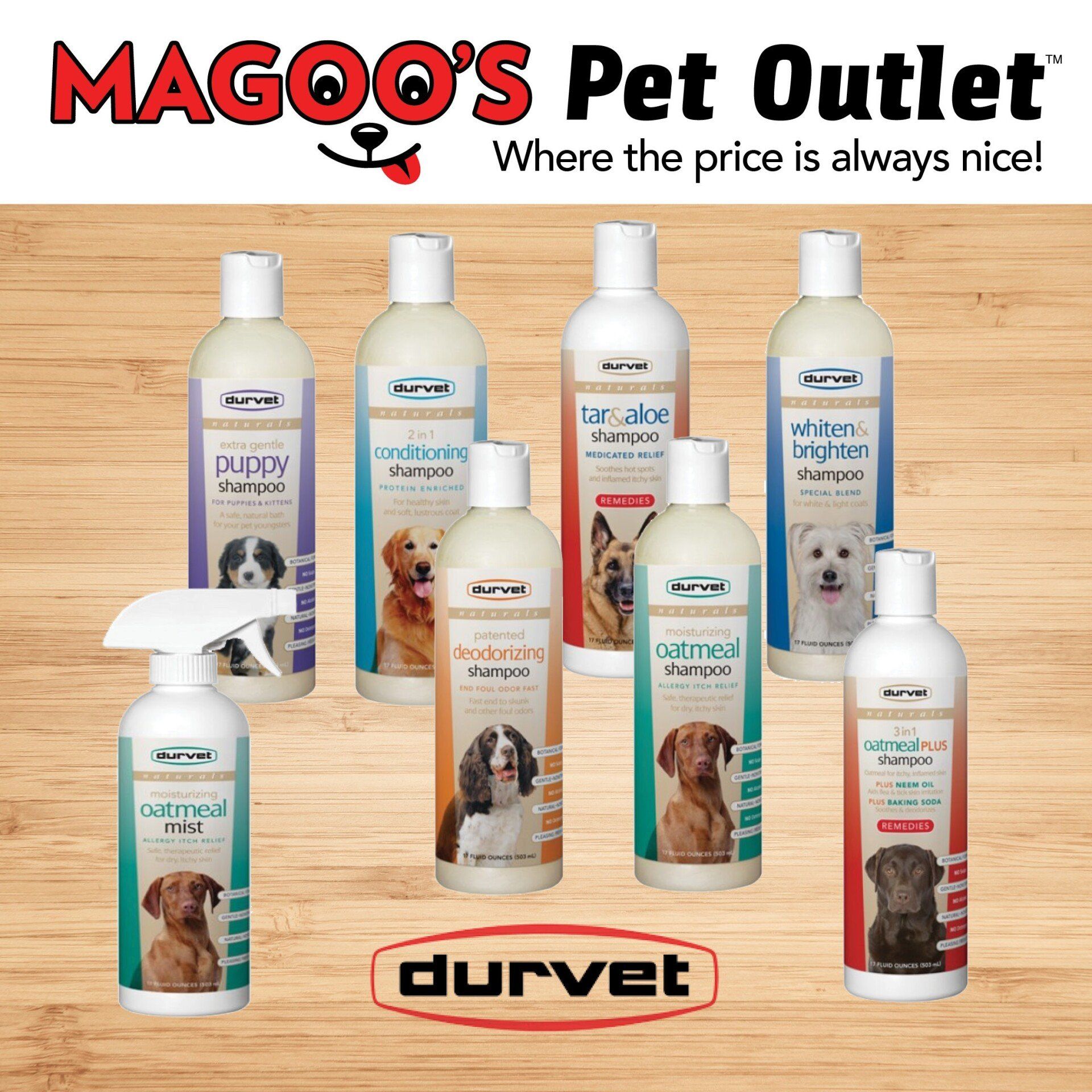 A bunch of bottles of dog shampoo are sitting on a wooden table.