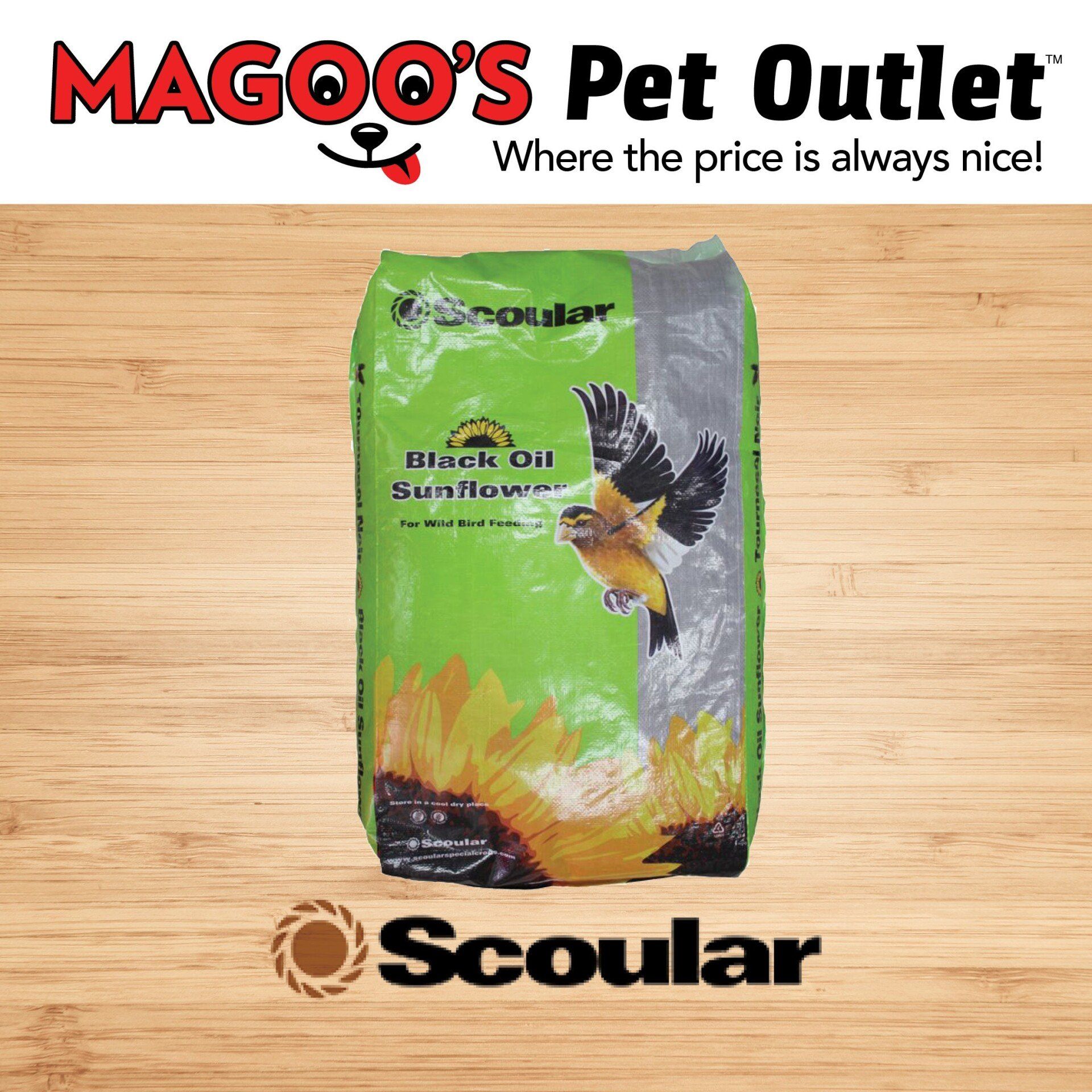 A bag of black oil sunflower seeds is sitting on a wooden table.