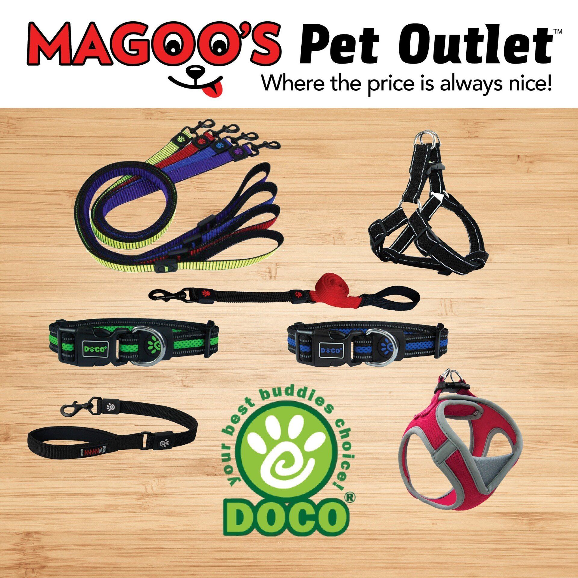 A variety of dog leashes and collars are displayed on a wooden table.