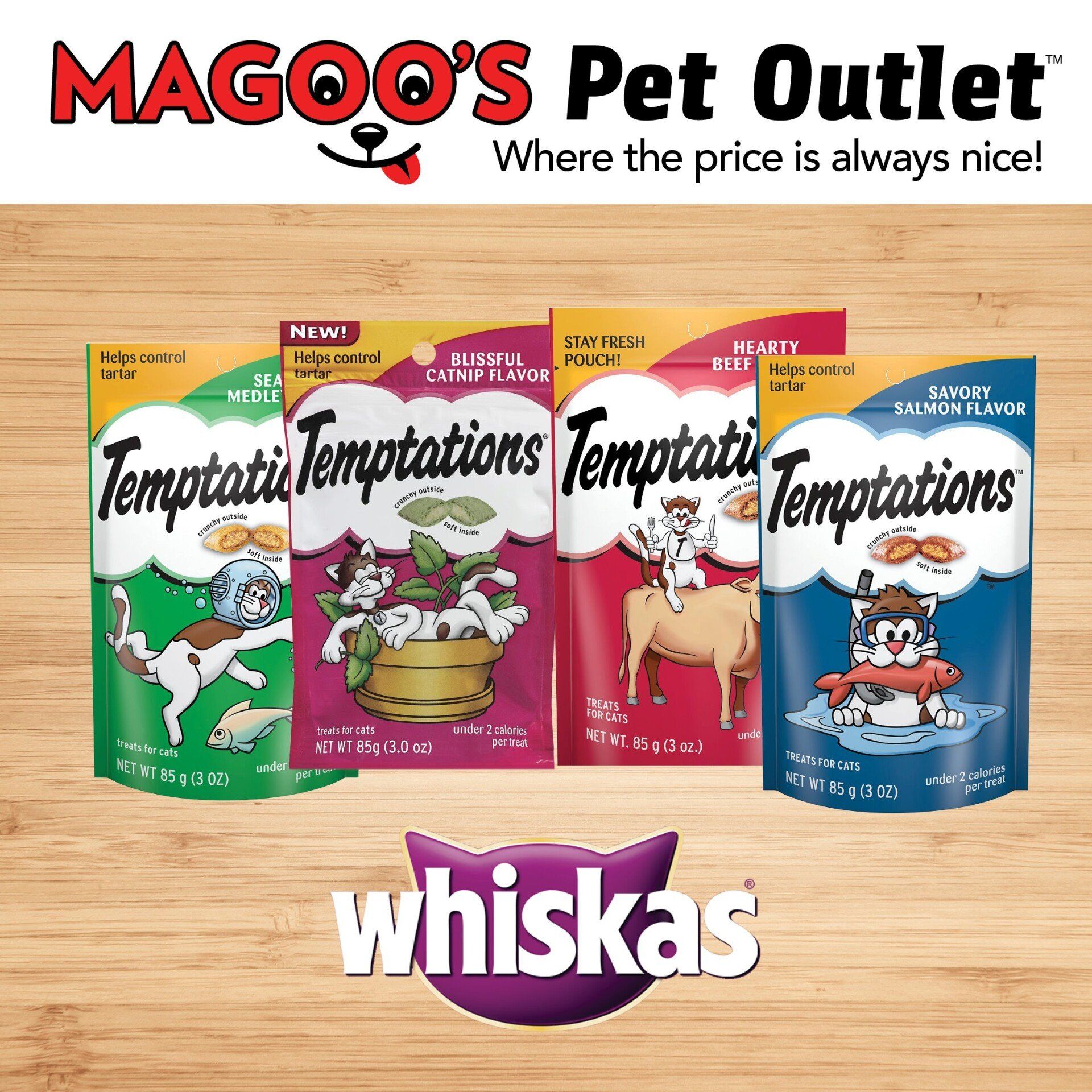 Whiskas temptations cat food pouches are sitting on a wooden table.