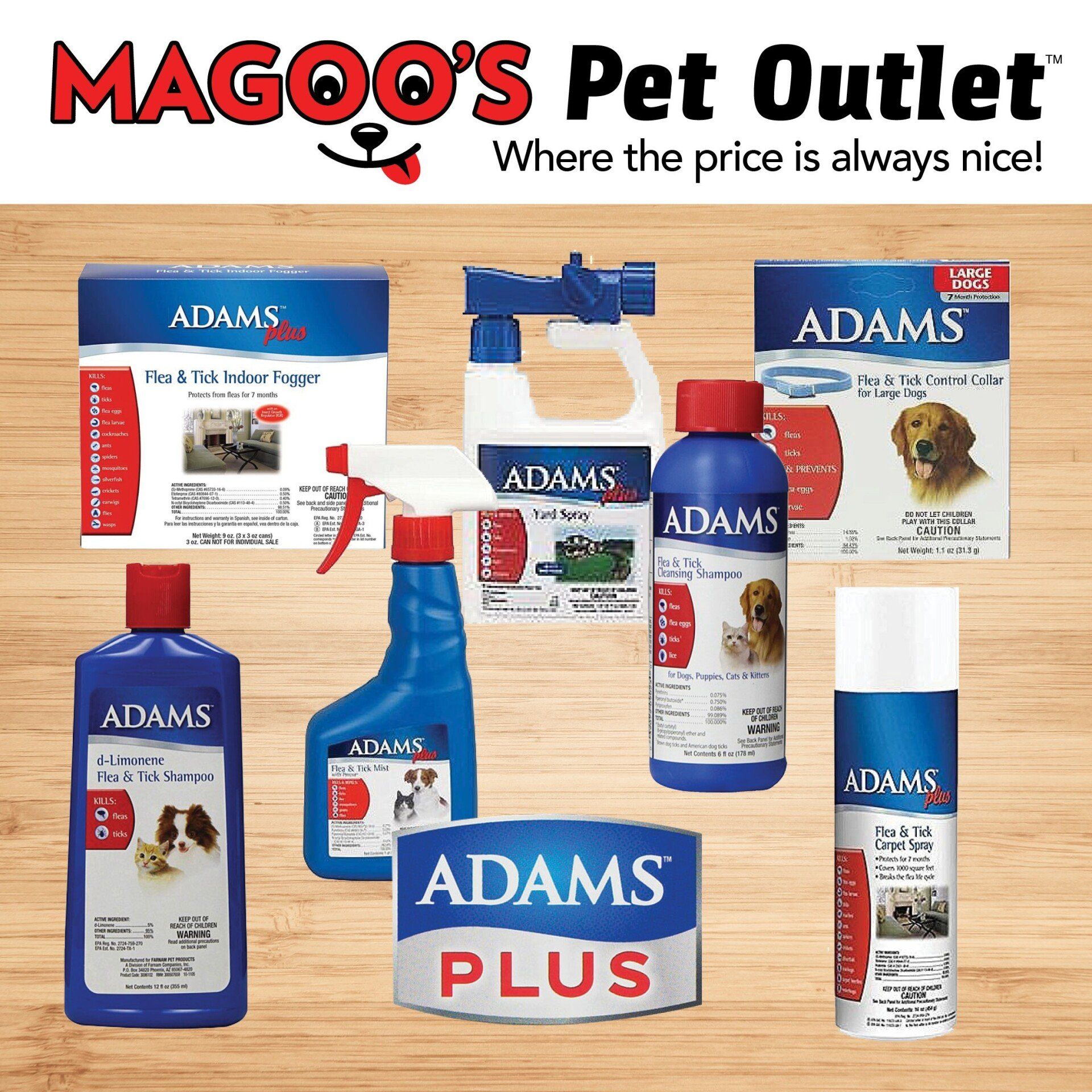 A variety of adams products are displayed on a wooden table.