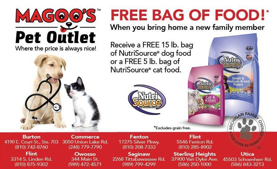 An advertisement for magoo 's pet outlet offering a free bag of food
