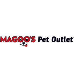 The logo for magoo 's pet outlet shows a dog with its tongue out.