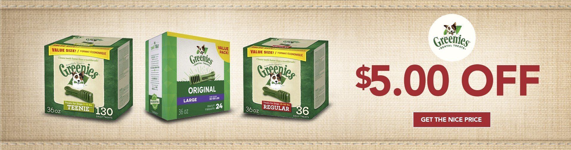 A banner that says $ 5.00 off on it