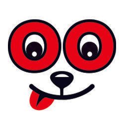 A cartoon face with red eyes and a tongue sticking out.
