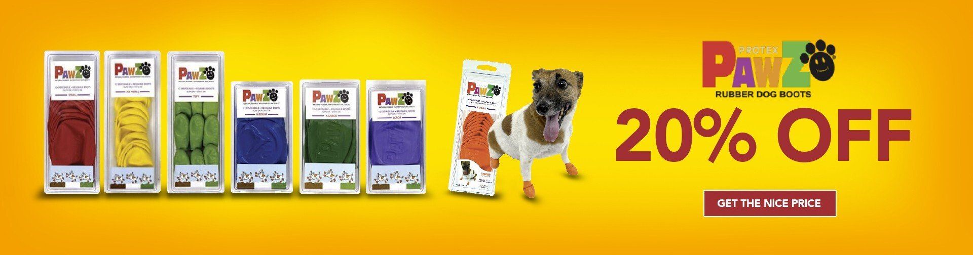 A dog is standing in front of a yellow background with a 20 % off sign.