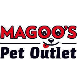 The logo for magoo 's pet outlet has a dog sticking its tongue out.