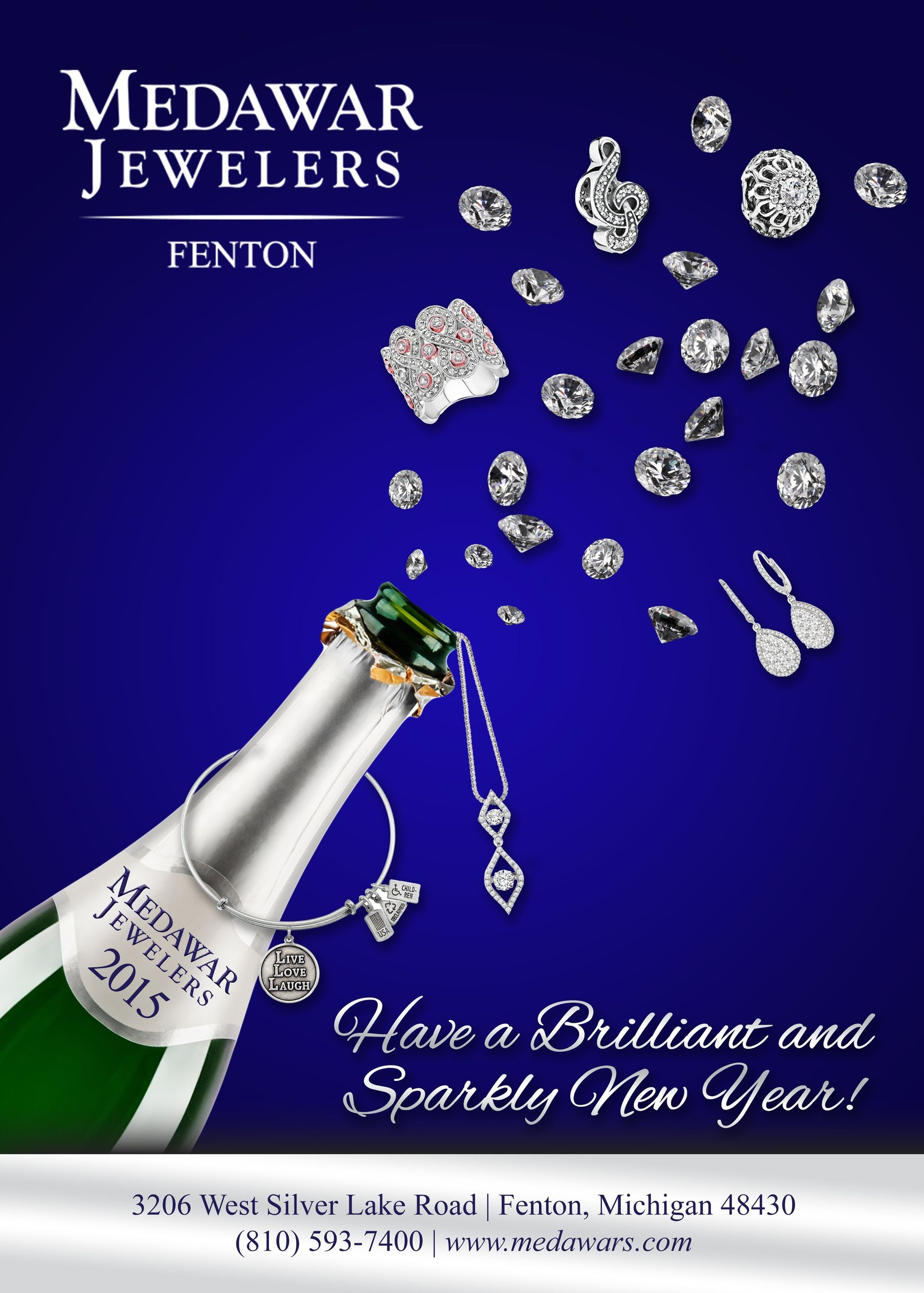 A bottle of medawar jeweller 's champagne with diamonds coming out of it