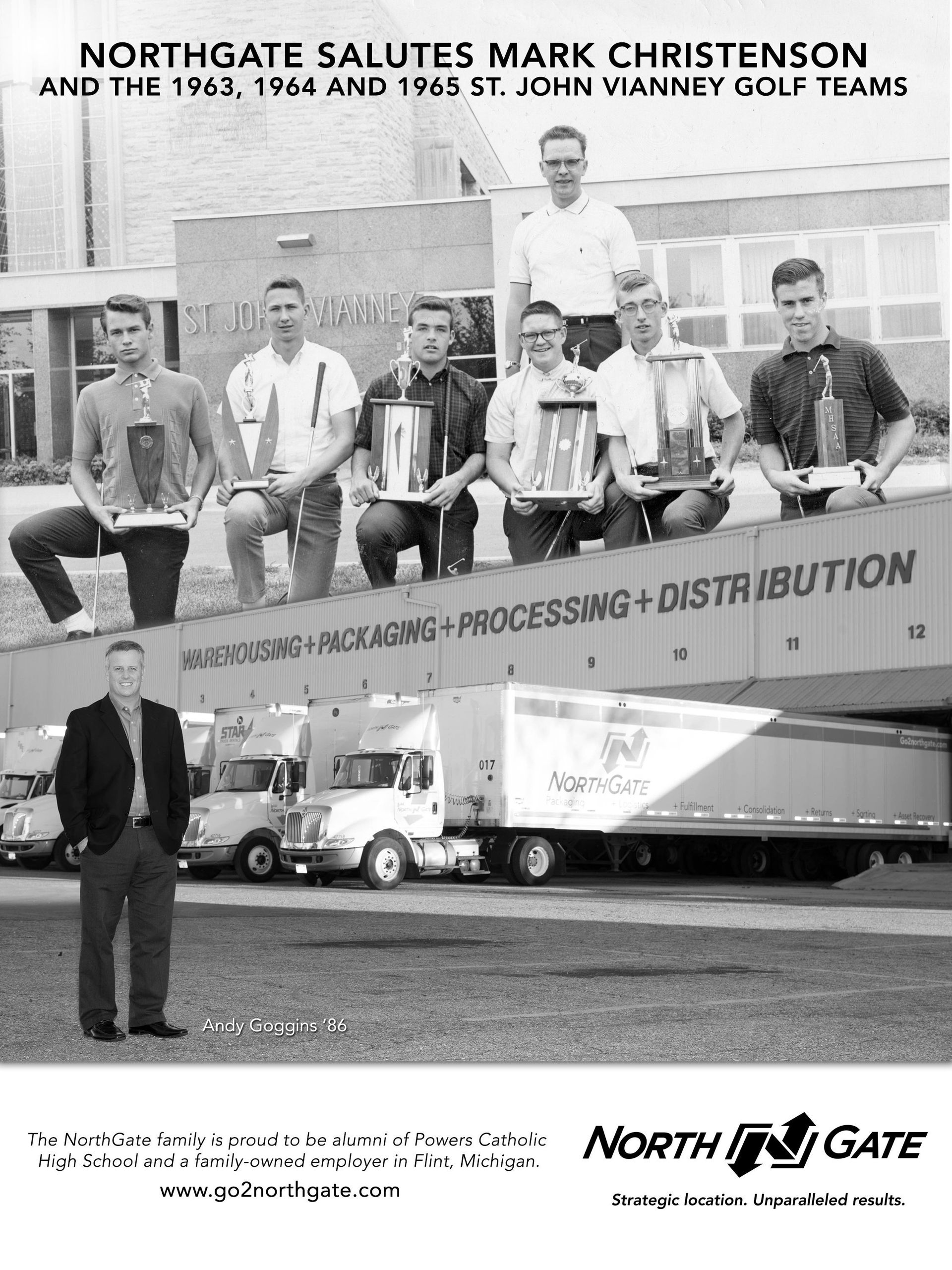 A black and white photo of a group of men holding trophies in front of trucks.