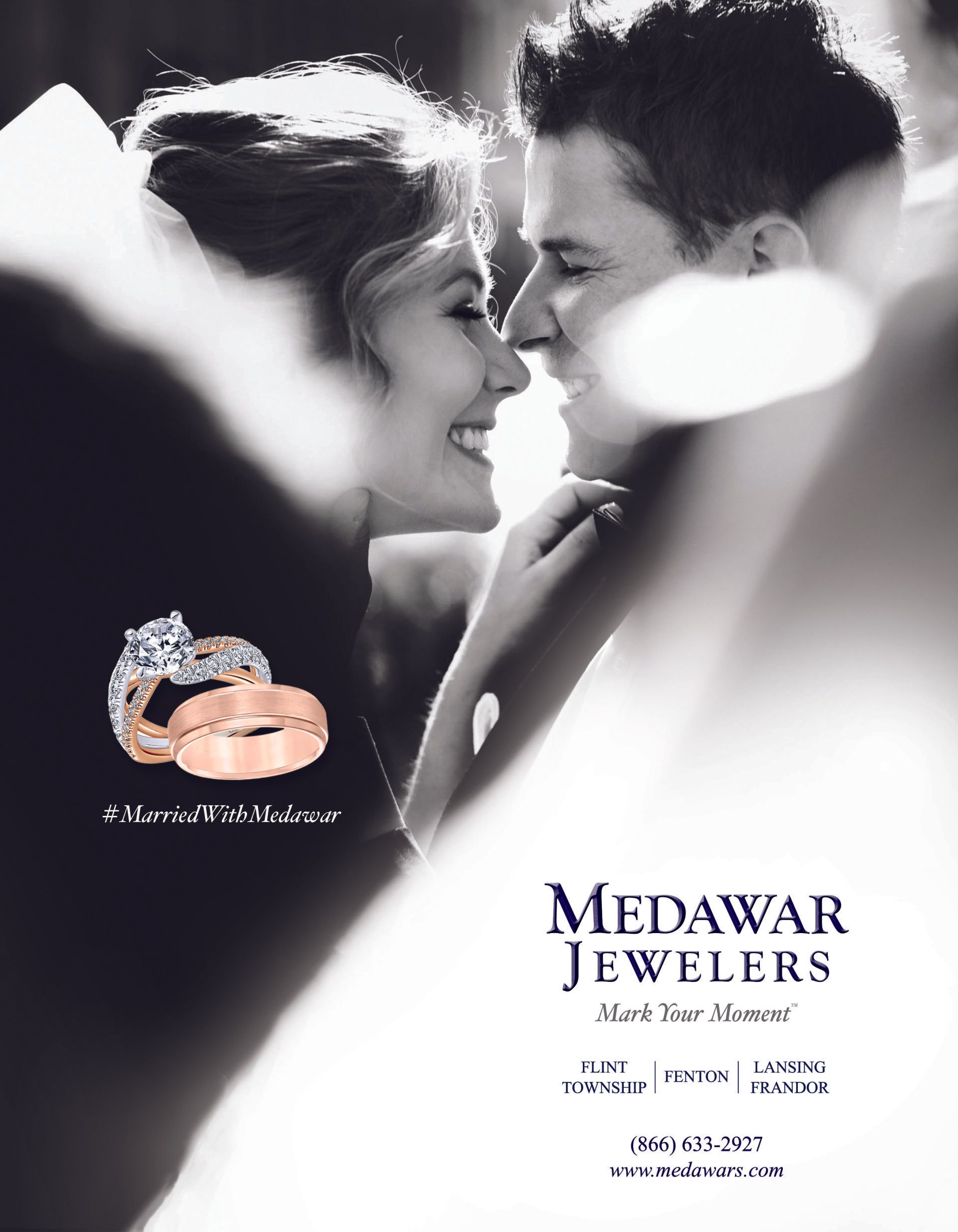 A black and white photo of a bride and groom for medawar jeweller 's