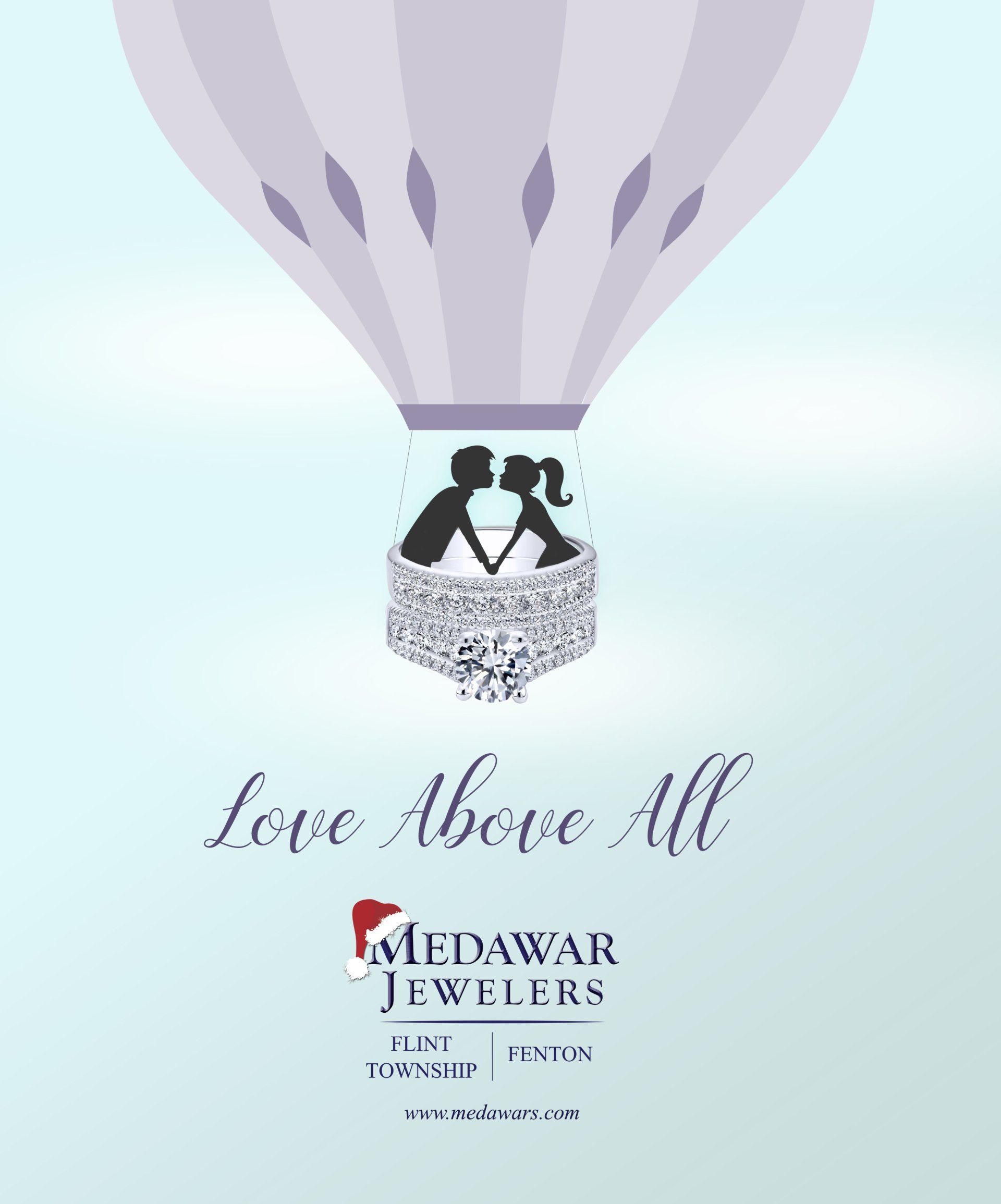 A hot air balloon with a couple in it and the words `` love above all '' written on it.