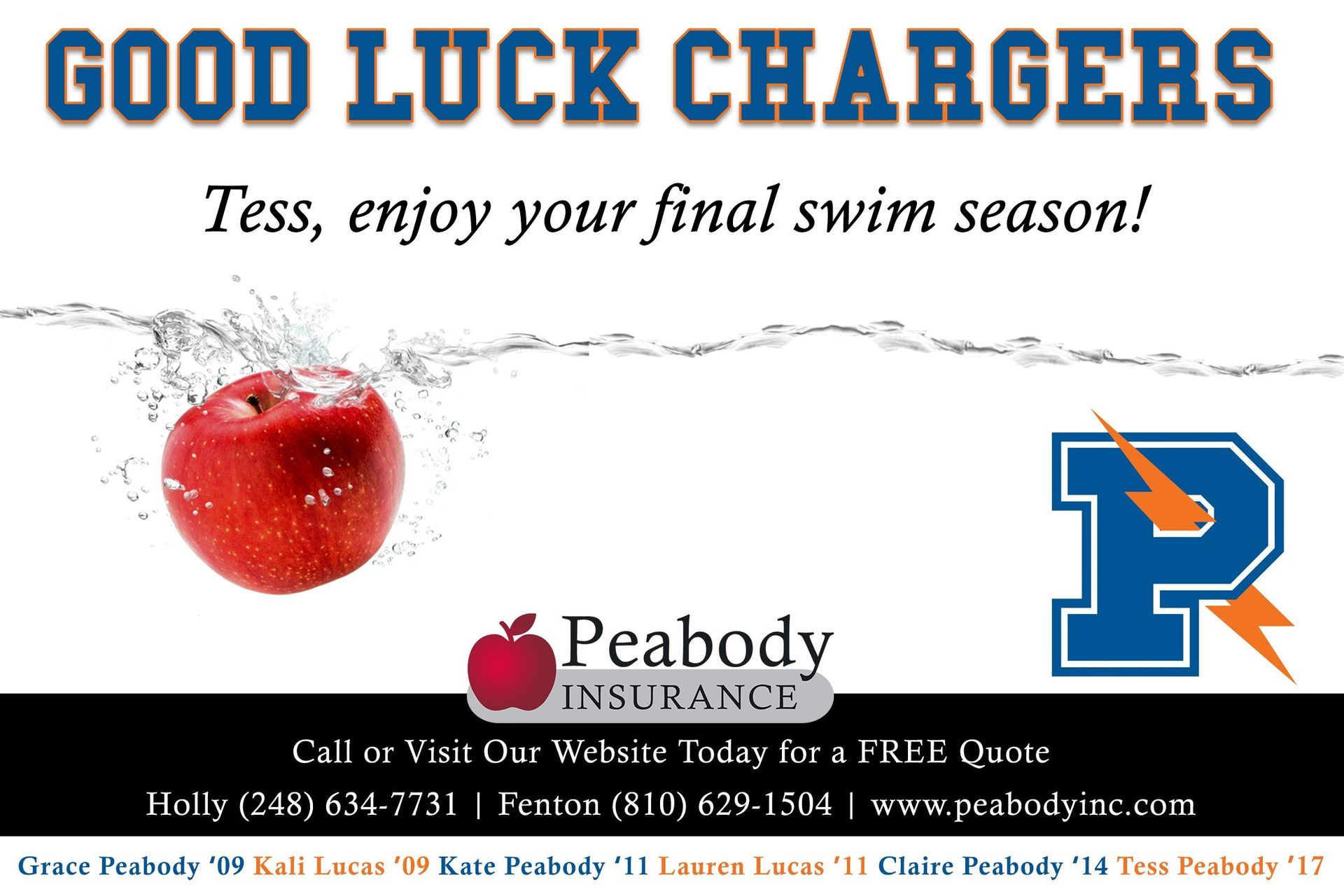 An advertisement for peabody insurance says good luck chargers