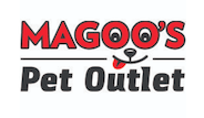A logo for magoo 's pet outlet with a dog sticking its tongue out.