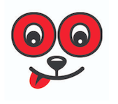 A cartoon dog with red eyes and a tongue sticking out.