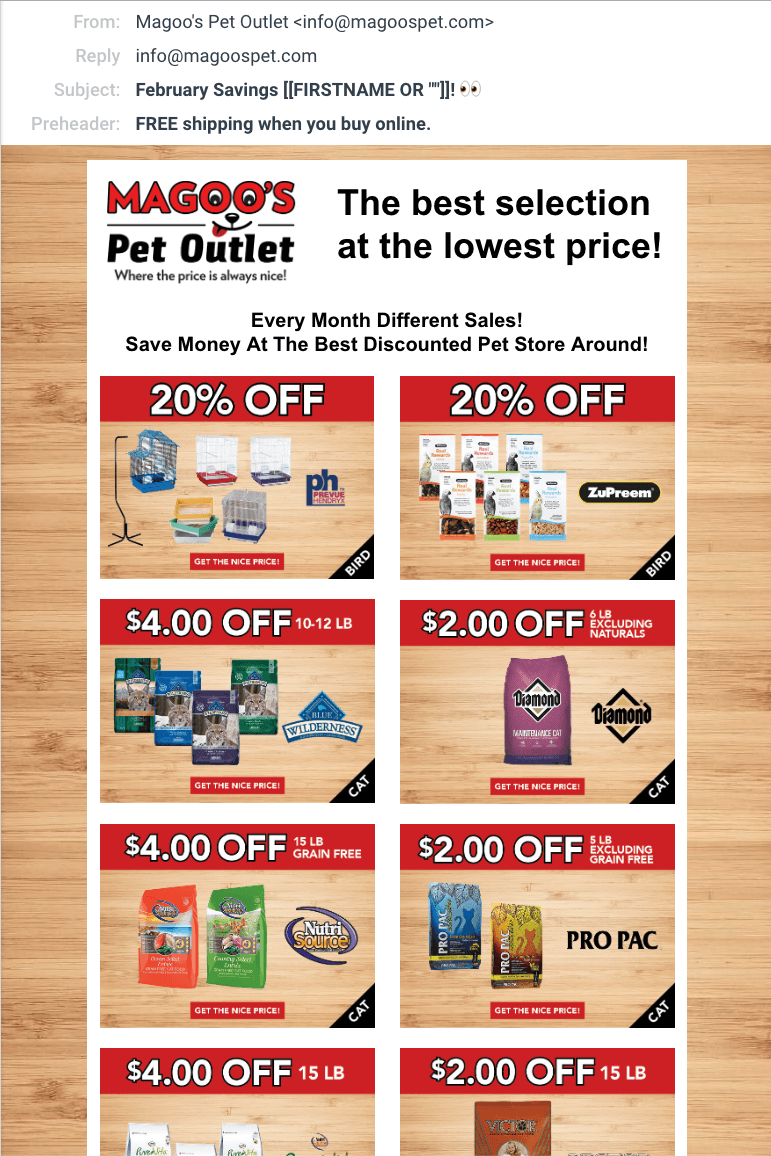A flyer for maggie 's pet outlet shows the best selection at the lowest price.