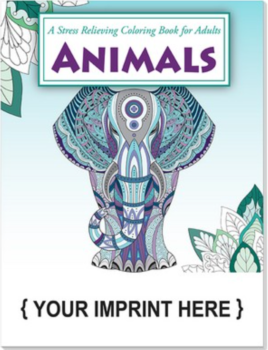 Stress-relieving adult coloring book cover featuring a detailed elephant illustration with text