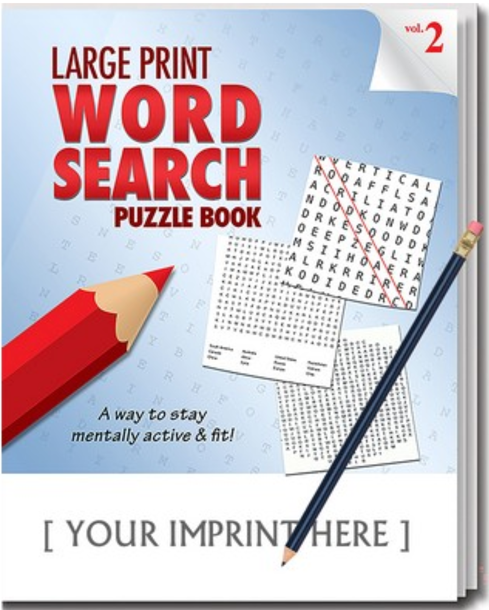Word search puzzle book with large print, red pencil, and blue pencil, ready for solving.