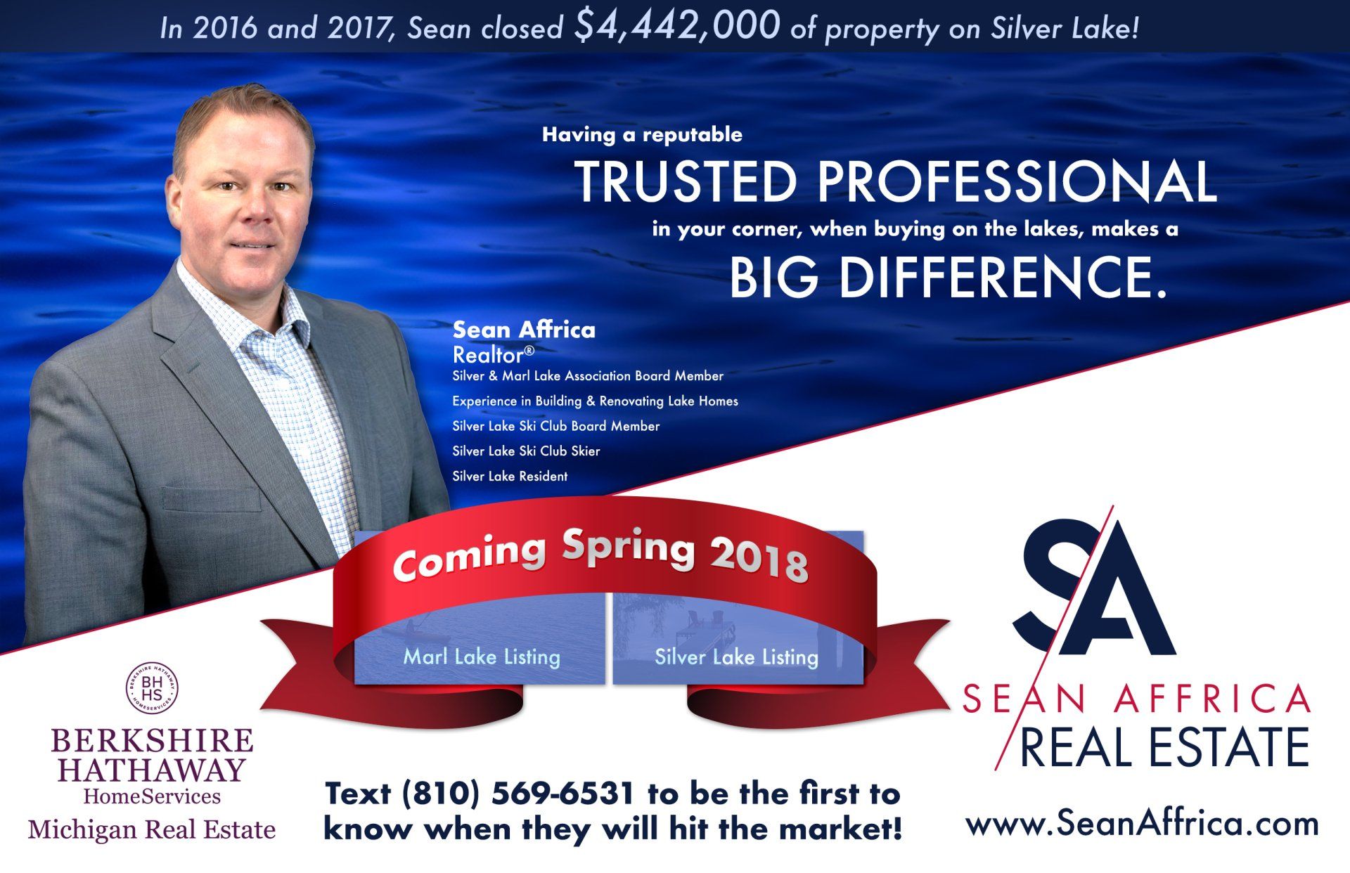 An advertisement for sean affrick real estate shows a man in a suit
