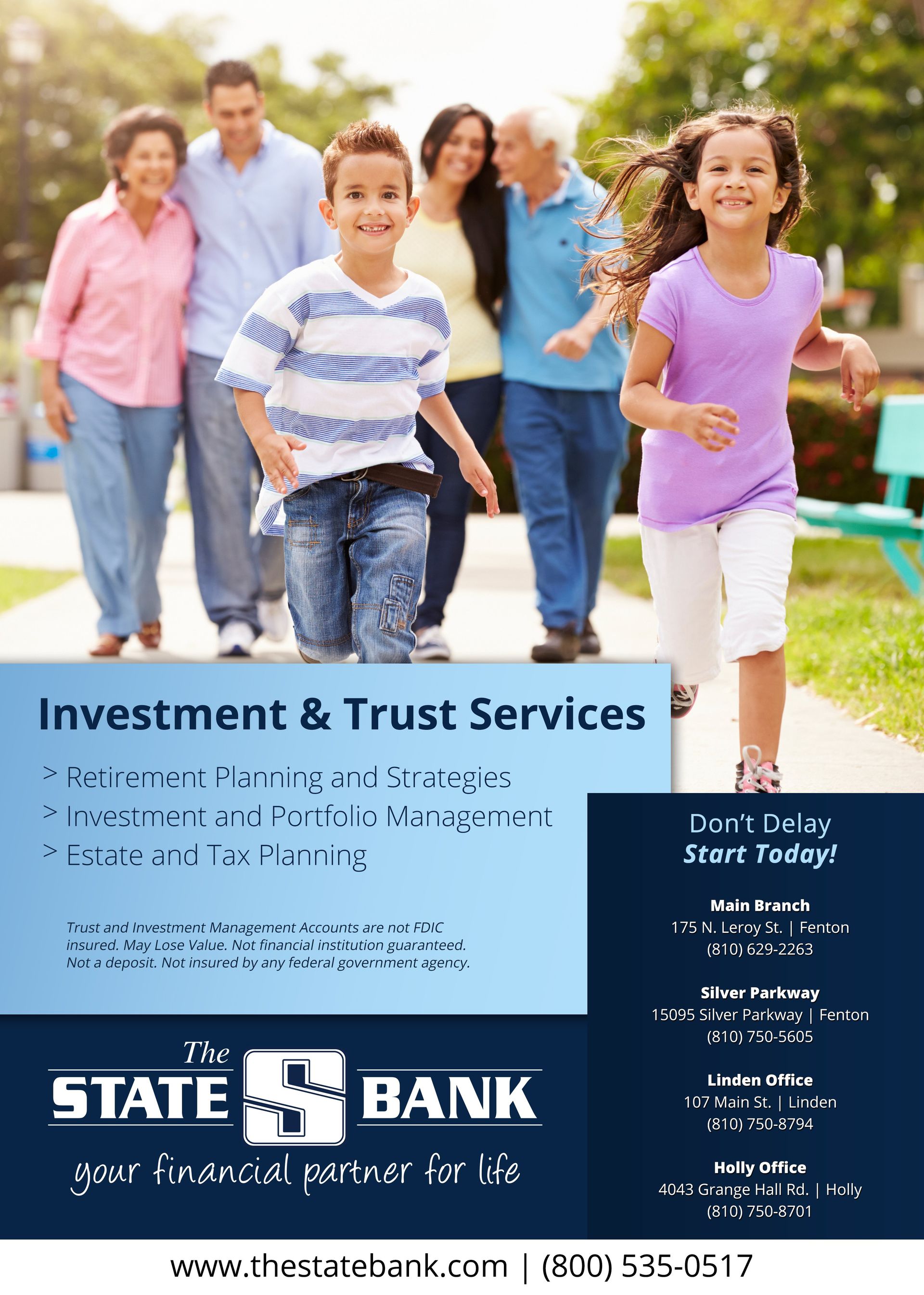 An advertisement for state bank shows a family walking down a sidewalk