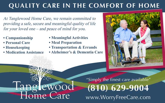 An advertisement for tanglewood home care shows an elderly man in a wheelchair