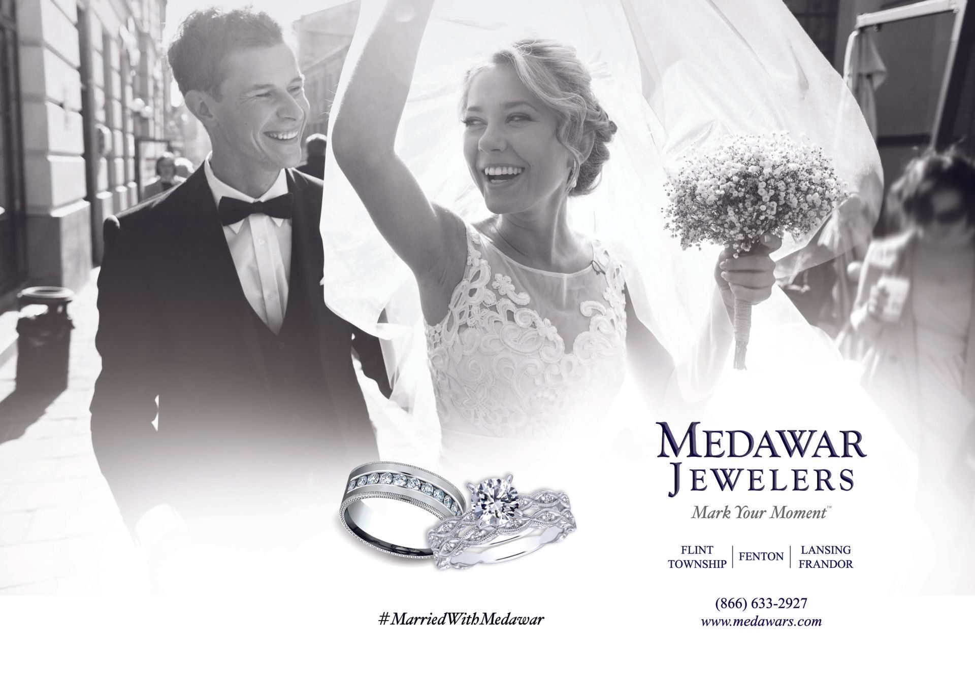 A black and white photo of a bride and groom for medawar jewelers