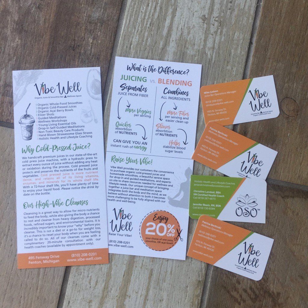 A set of flyers and business cards for vibe well