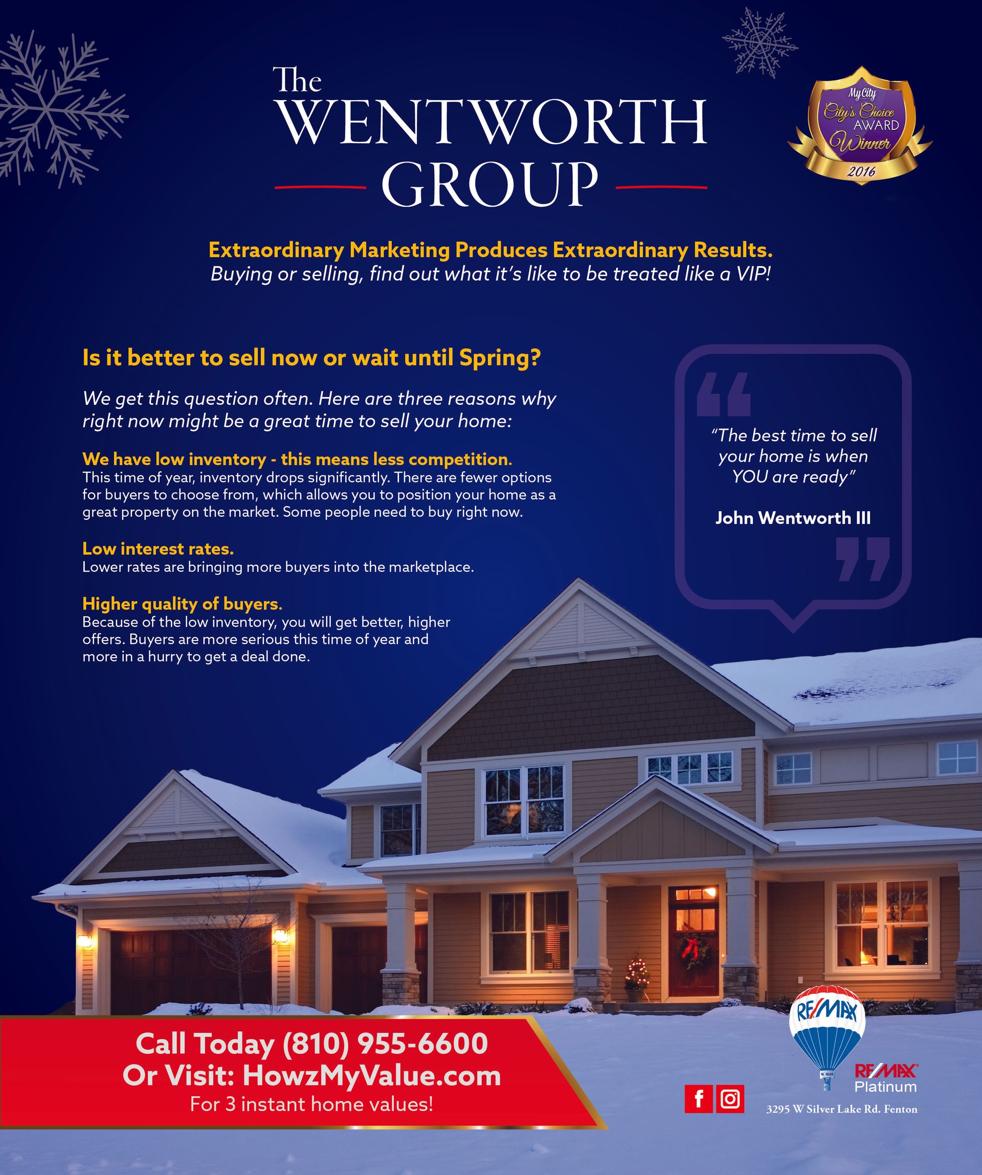An advertisement for the wentworth group shows a house in the snow