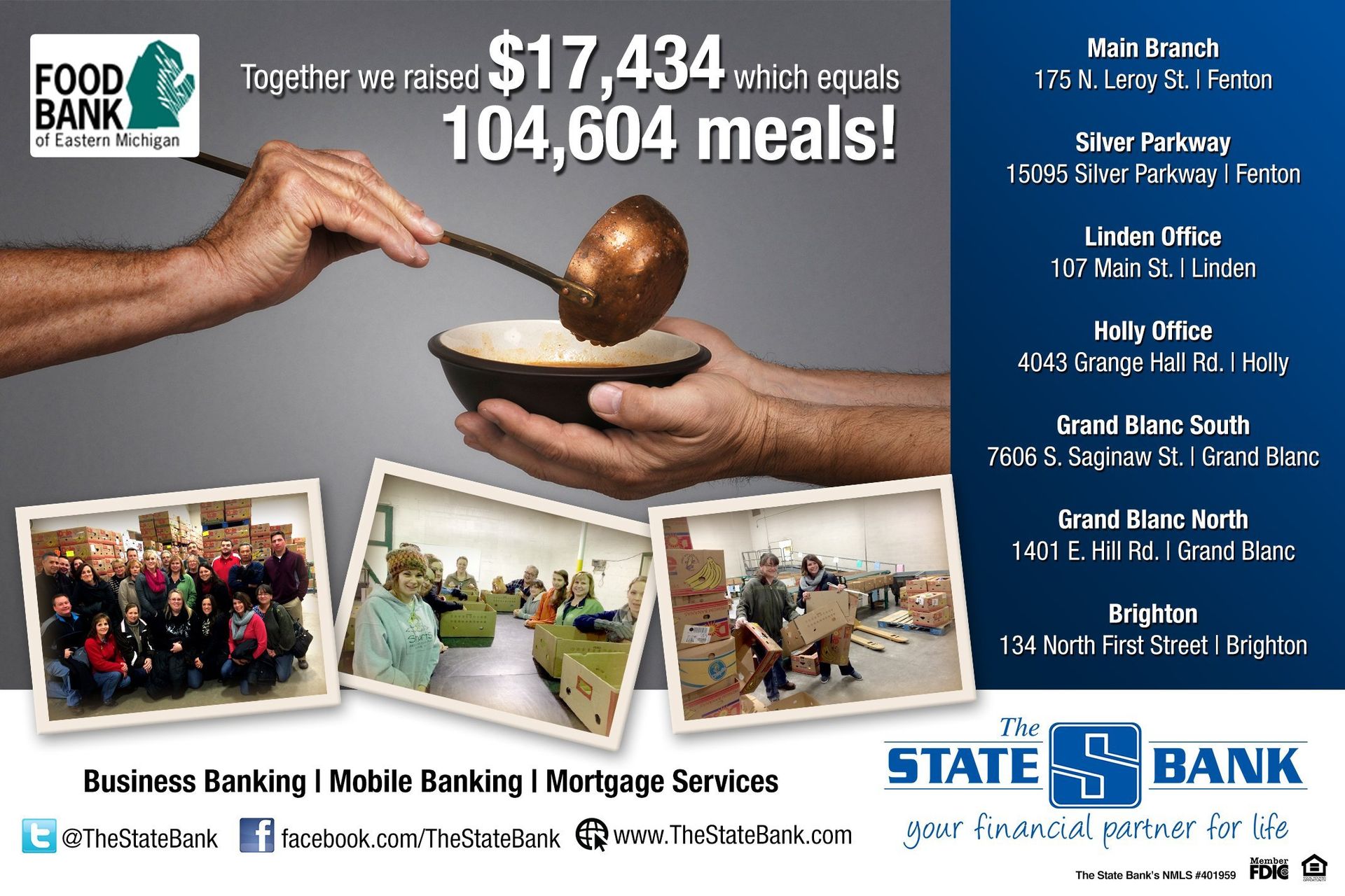 A poster for the state bank shows a person pouring food into a bowl