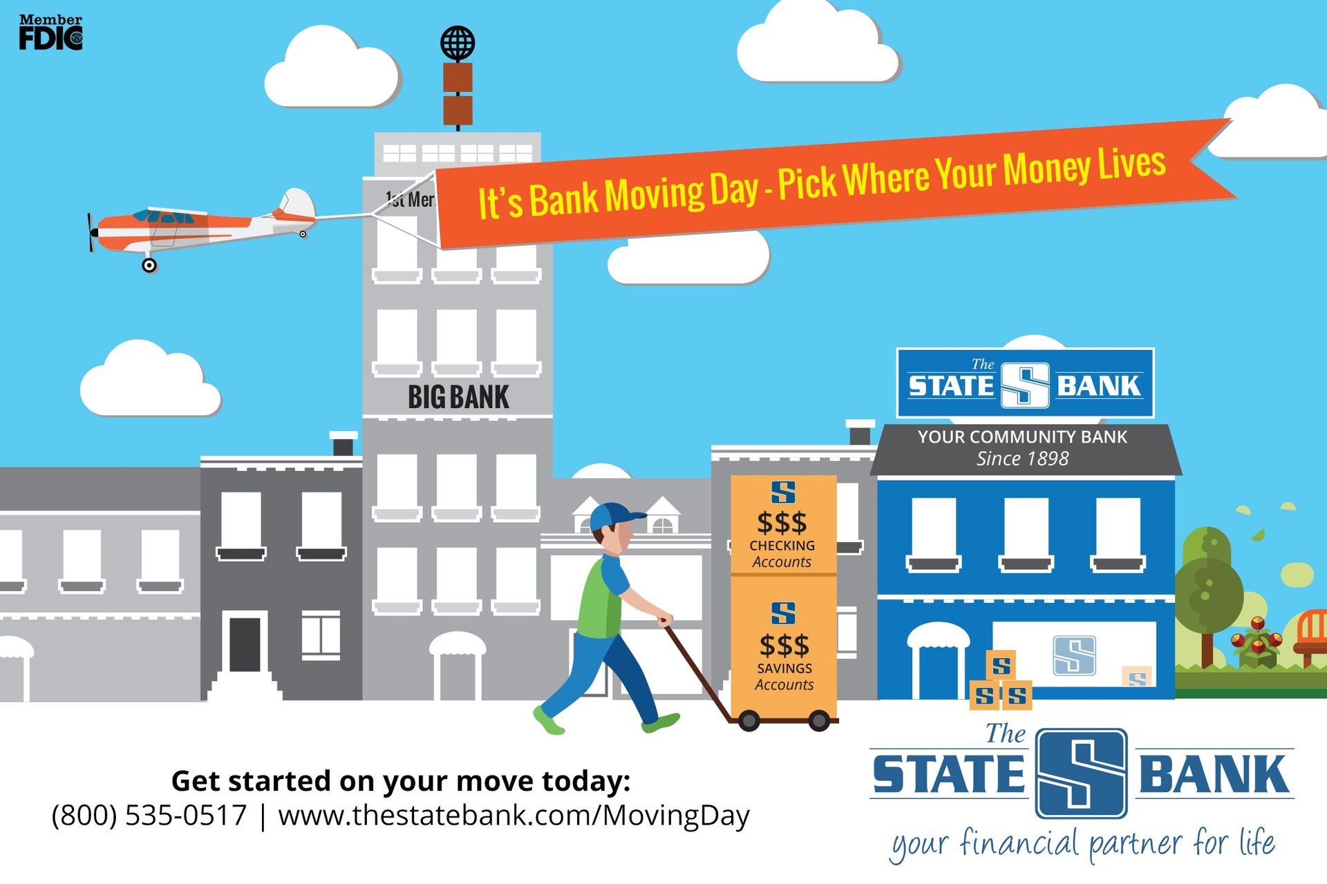 An advertisement for state bank shows a man pushing a cart