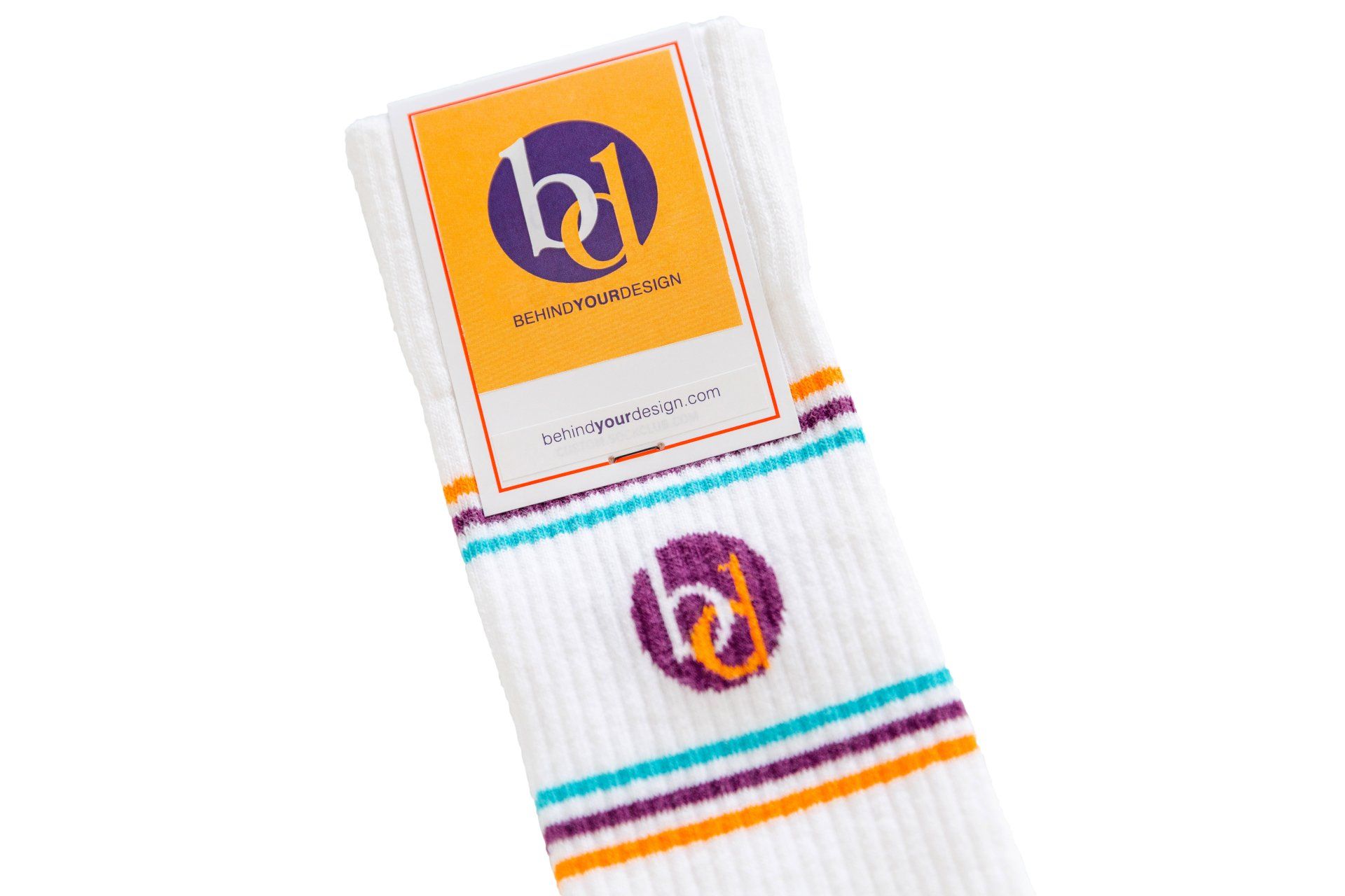 A pair of socks with a purple and orange logo on them