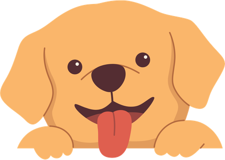 Golden retriever puppy peeking over an edge, smiling with tongue out.