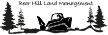 Black and white logo of a tractor with trees, Bear Hill Land Management.
