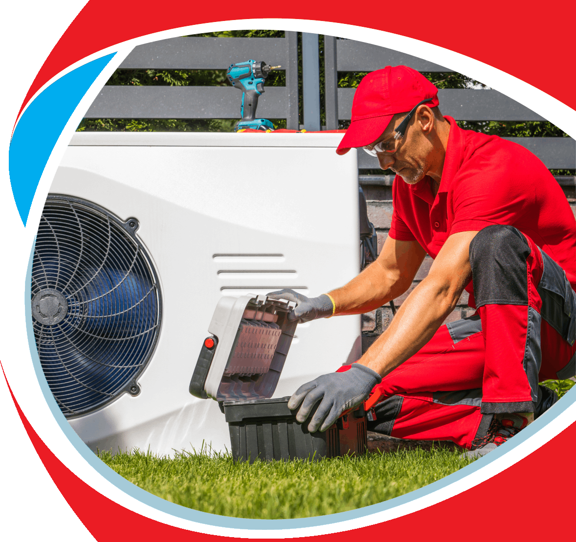 A man in a red shirt is working on an air conditioner.