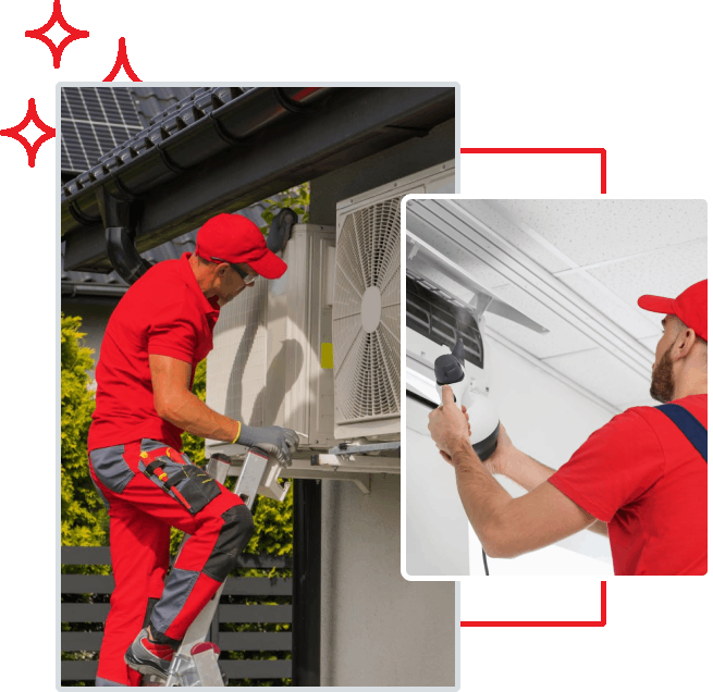 A man in a red shirt is working on an air conditioner.