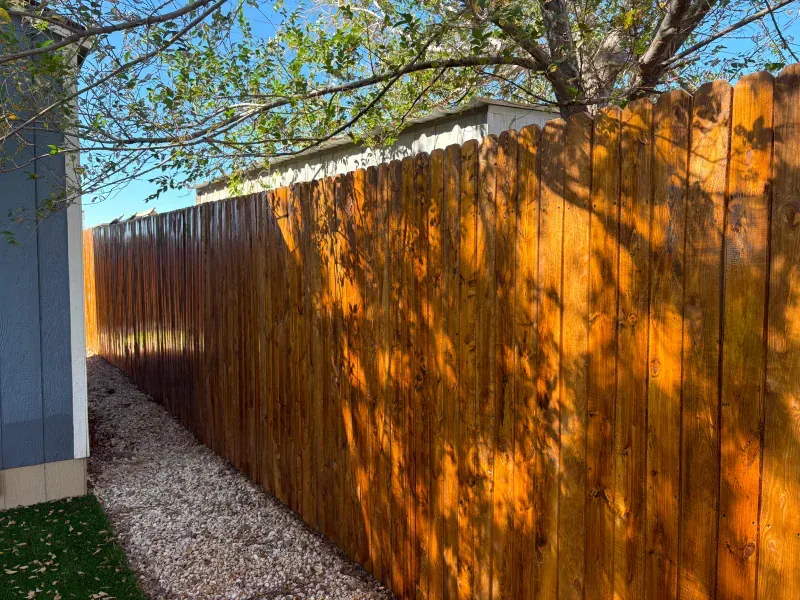Wooden fence stained brown with sunlight shining on it.