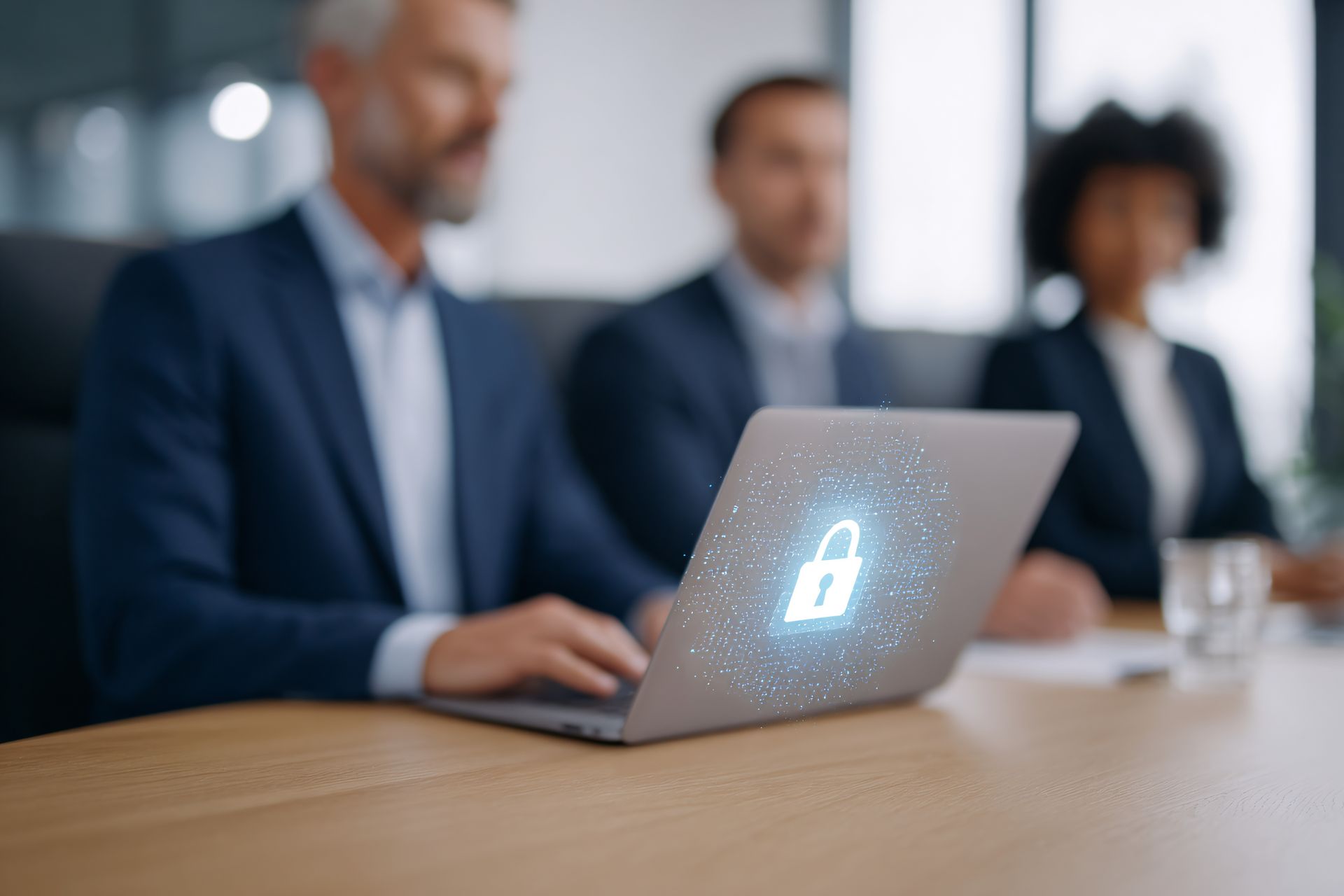 Business team reviewing laptop displaying digital cybersecurity lock icon Business team reviewing laptop displaying digital cybersecurity lock icon