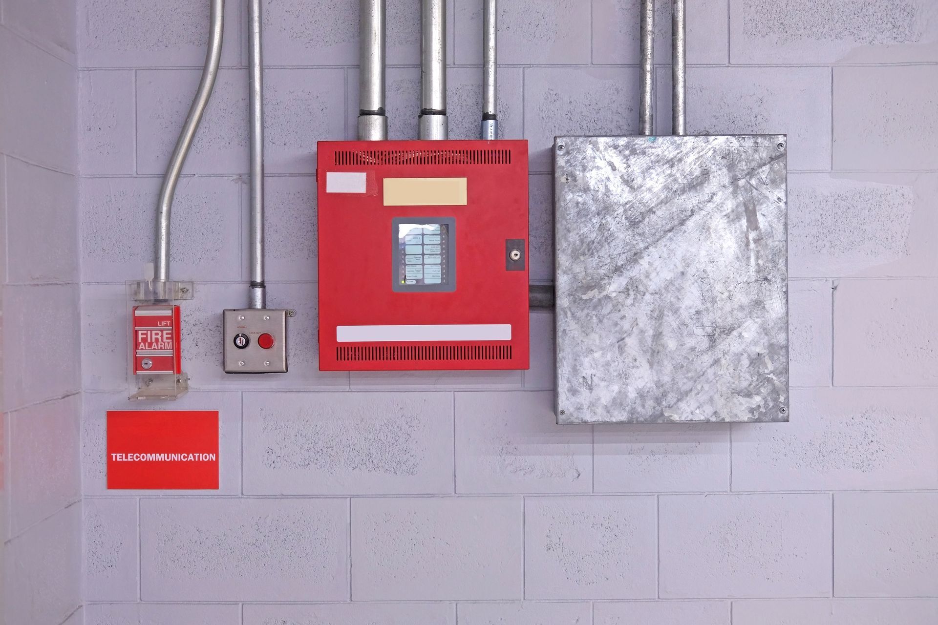Fire alarm system control boxes with conduit on concrete walls. Fire alarm system control boxes with conduit on concrete walls.
