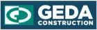 GEDA Construction logo: white text and design on dark blue background. 