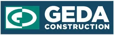 GEDA Construction logo: white text and design on dark blue background.