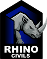 Logo for Rhino Civils: gray rhino head inside a dark blue and black geometric shape, white text "RHINO CIVILS".