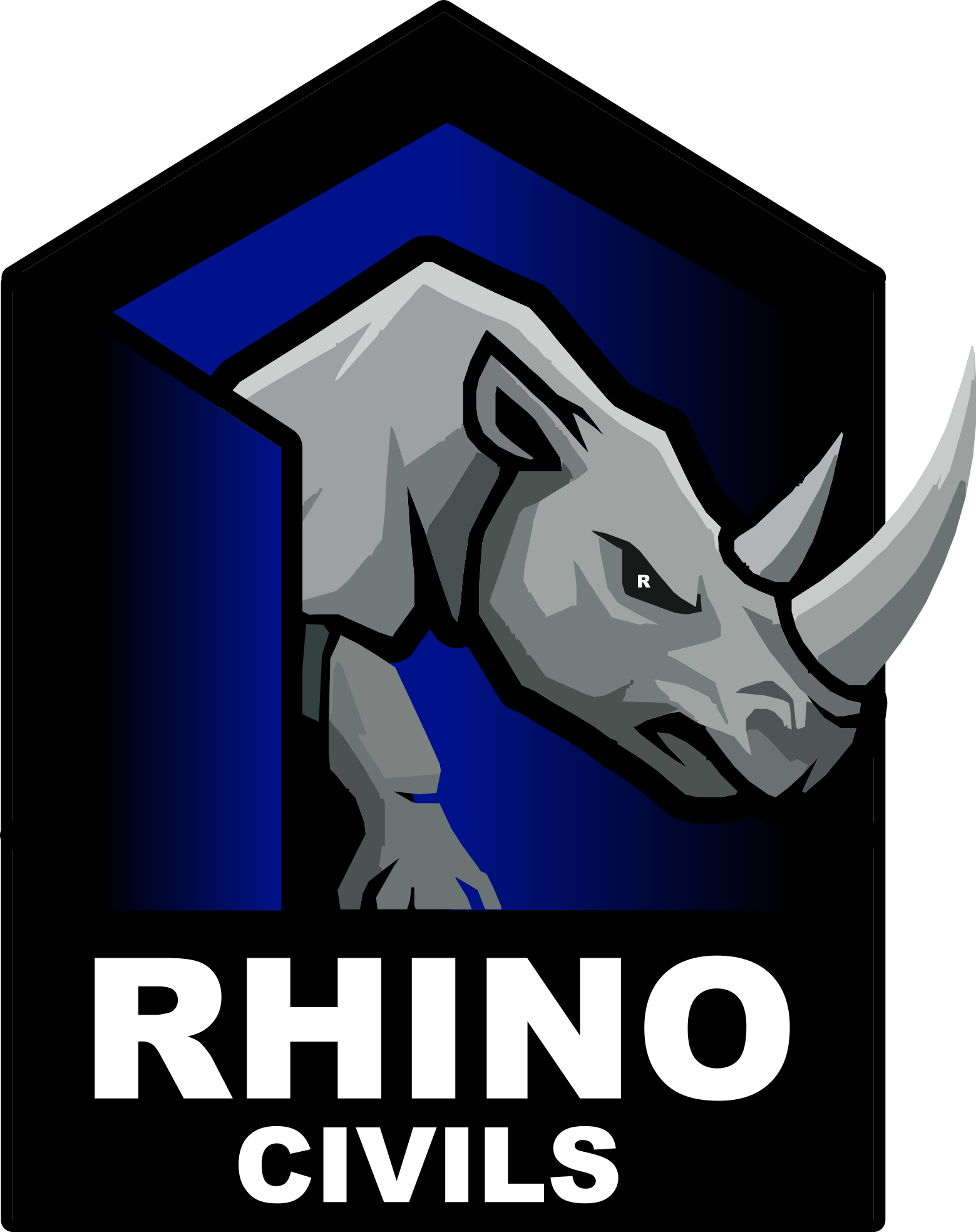 Gray rhinoceros head inside a blue and black geometric shape. Text reads