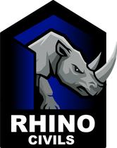Gray rhinoceros head inside a blue and black geometric shape. Text reads 