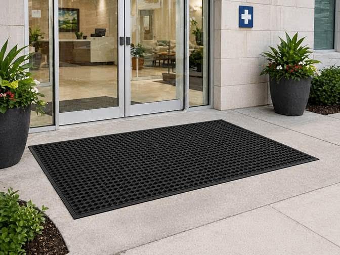 Black doormat outside glass entrance doors with potted plants on either side