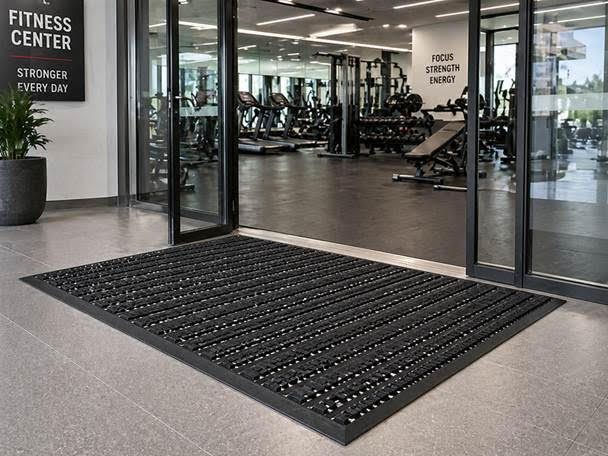 Fitness center entrance with a black floor mat and glass doors opening to gym equipment inside.
