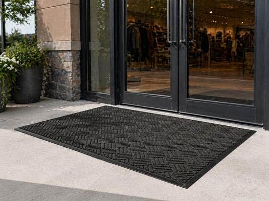 Black entrance mat on a sidewalk in front of glass doors to a building
