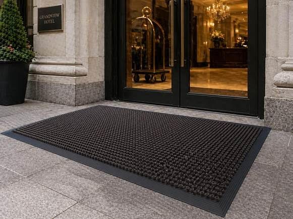 Black entrance mat at a stone building doorway with glass doors